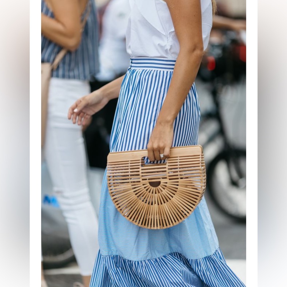 Bamboo Bag, Summer Straw Bags Wooden Beach Purses Basket Handle Handbag